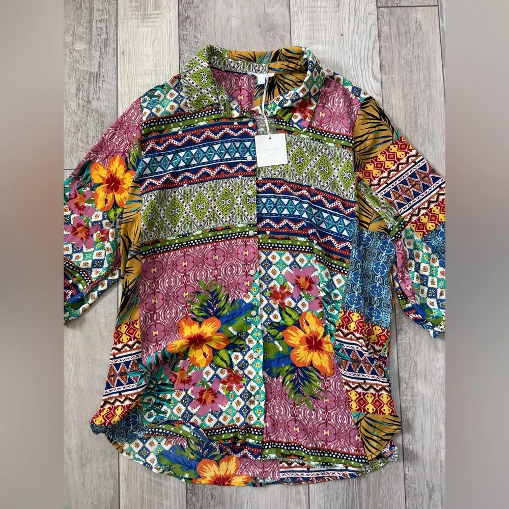 ✨NWT- Cynthia Rowley Floral Boho Pattern Patchwork 3/4 Sleeves Button Down 2X - Picture 4 of 9